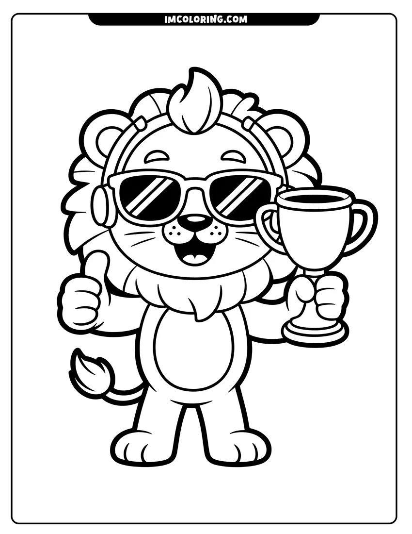 Printable coloring page of A cartoon lion wearing sunglasses and headphones, giving a thumbs up and holding a winner's trophy