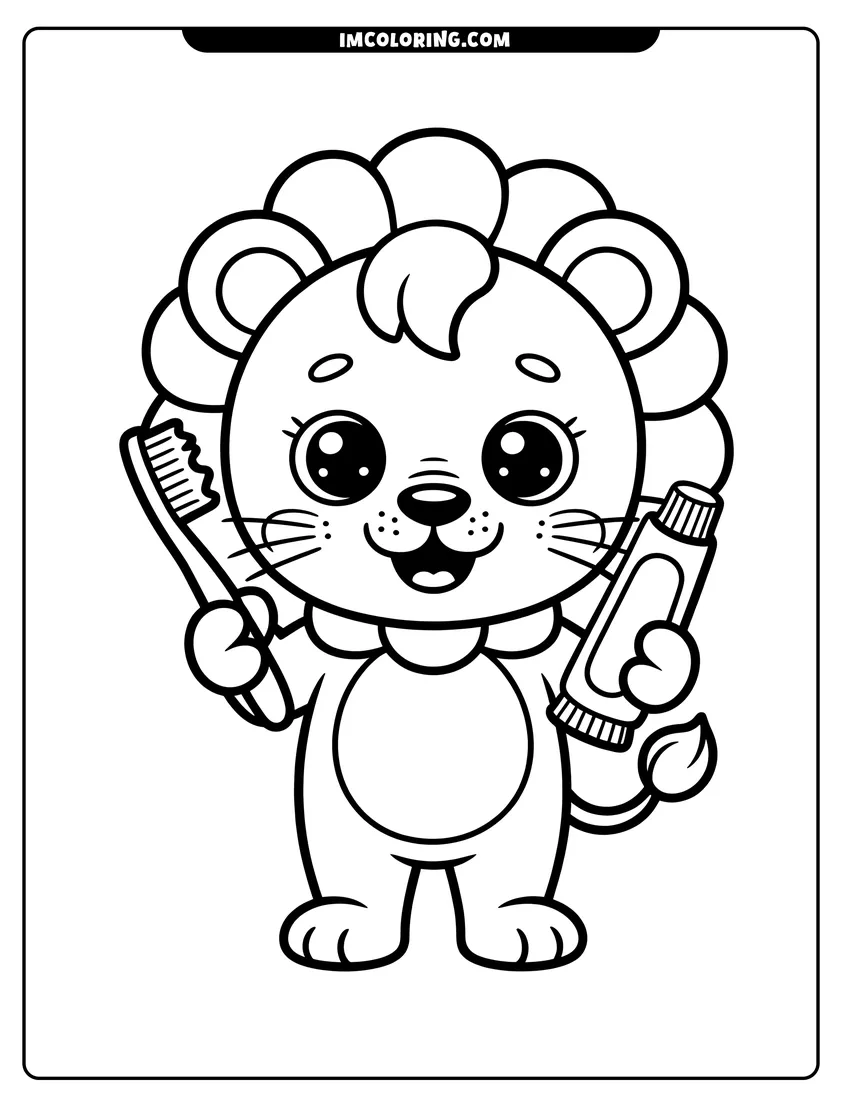 Coloring page for kids: A cute baby lion holding a toothbrush and toothpaste with a big smile and thick black outlines