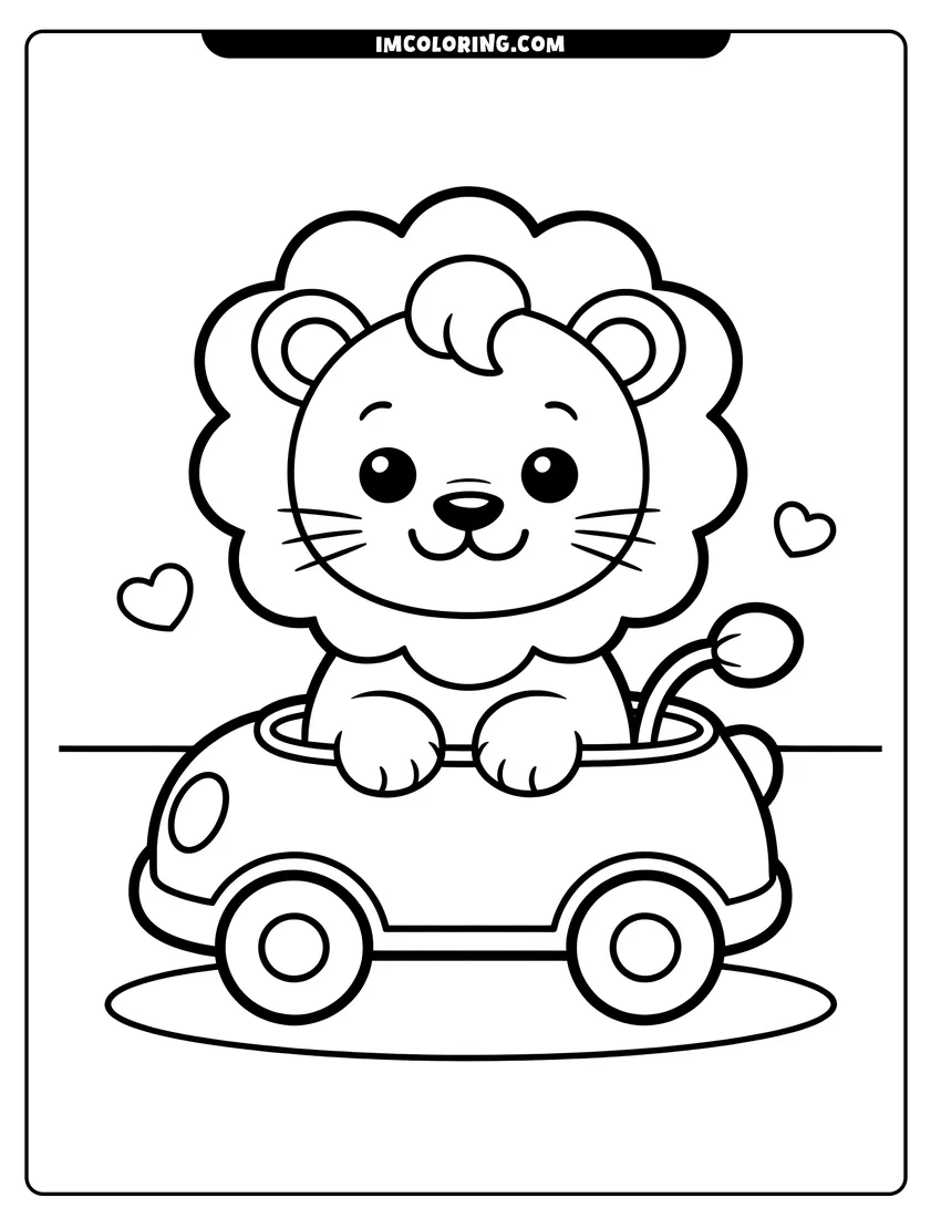 High quality printable A cute cartoon lion cub sitting inside a small car with hearts floating in the background for coloring