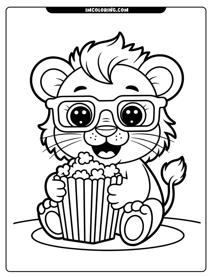 Printable coloring page of A cute baby lion wearing glasses and holding a striped bucket of popcorn while sitting down