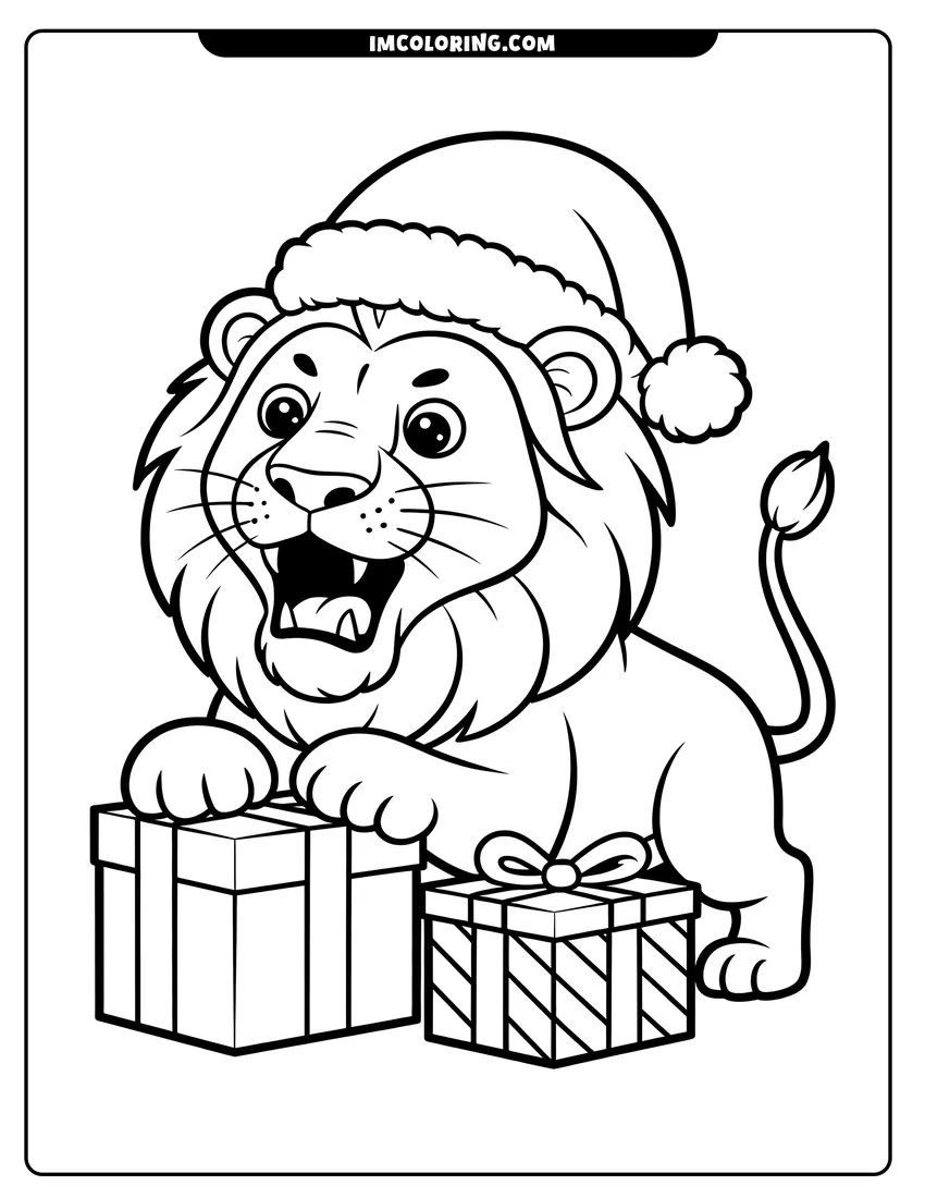 Outline drawing of A cartoon lion wearing a Santa hat sitting next to two wrapped Christmas presents
