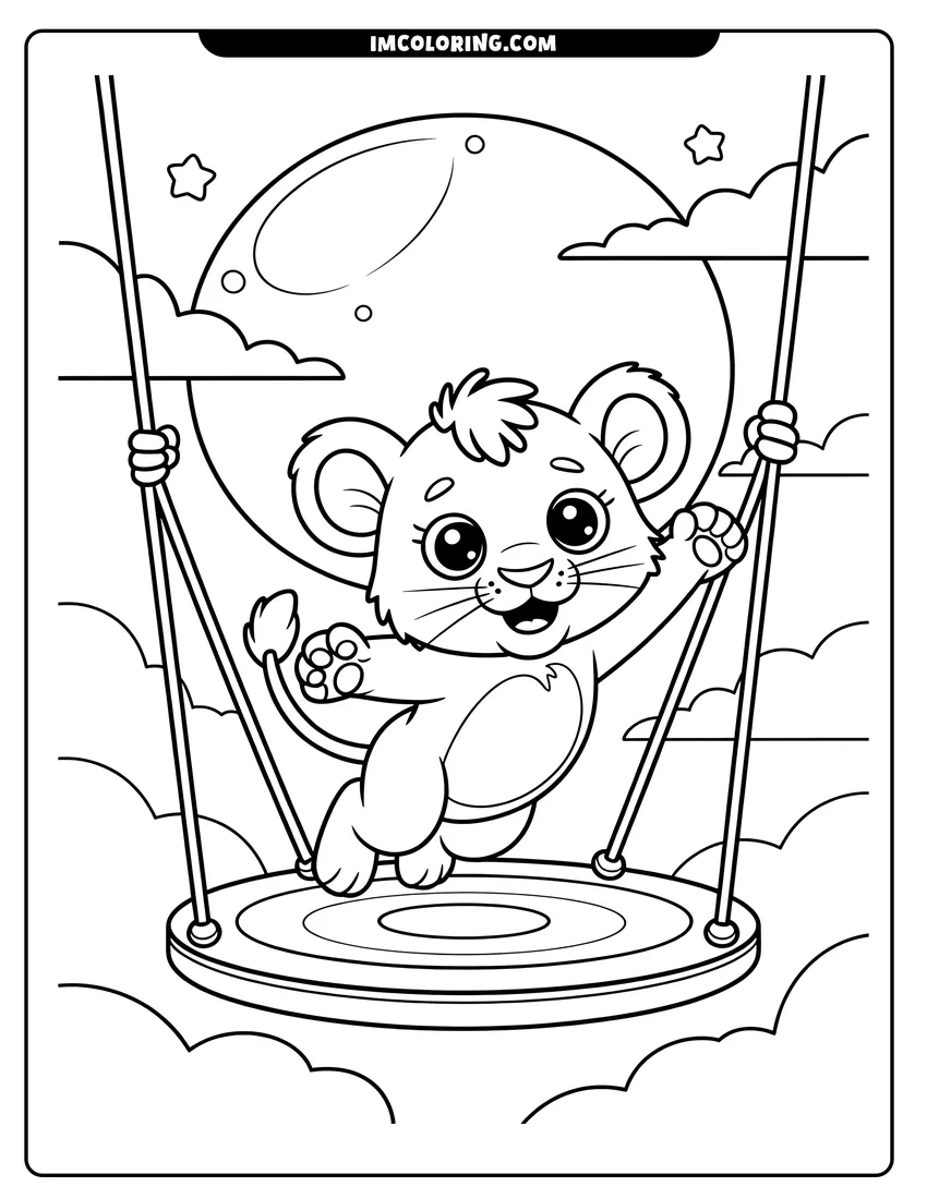 PDF style coloring page: A cute lion cub swinging on a round swing against a backdrop of the moon and stars