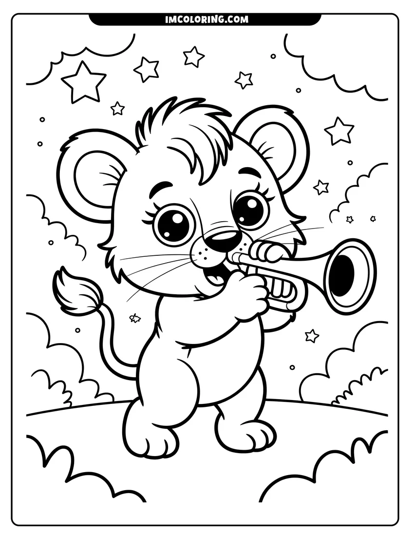 Full page coloring image of A cute lion cub playing a trumpet surrounded by stars and clouds in the night sky