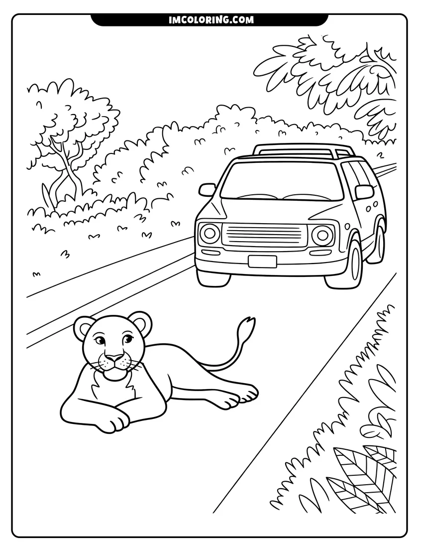 Downloadable coloring page of A cute lion cub sitting on a road in front of a safari vehicle in the wild