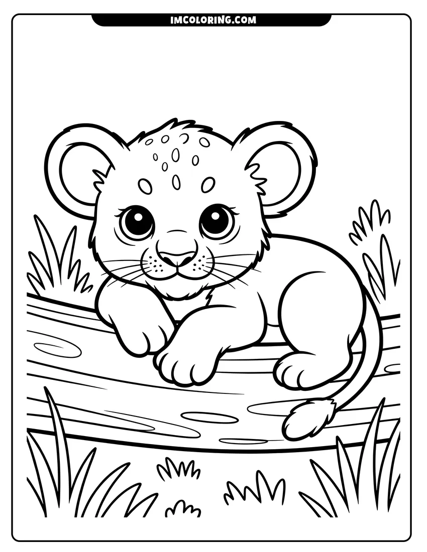 High quality printable A cute baby lion cub with large eyes resting on a wooden log surrounded by tall grass for coloring