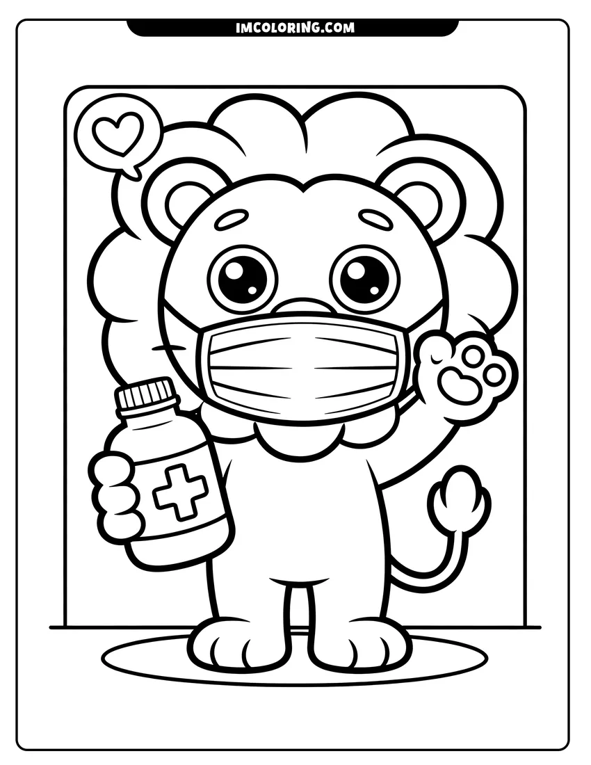 Printable line art of A cute cartoon lion wearing a surgical mask and holding a medicine bottle while waving its paw