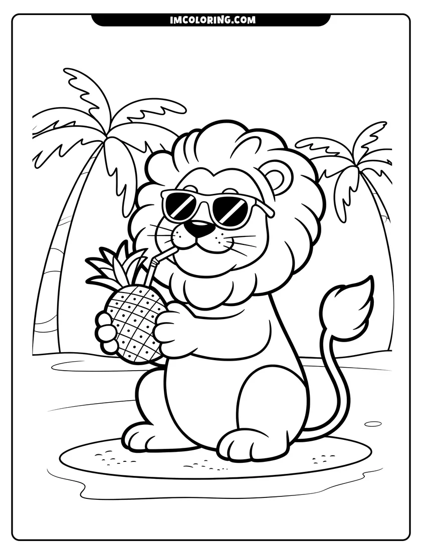 Clean line drawing: A cartoon lion wearing sunglasses drinking from a pineapple on a tropical beach with palm trees