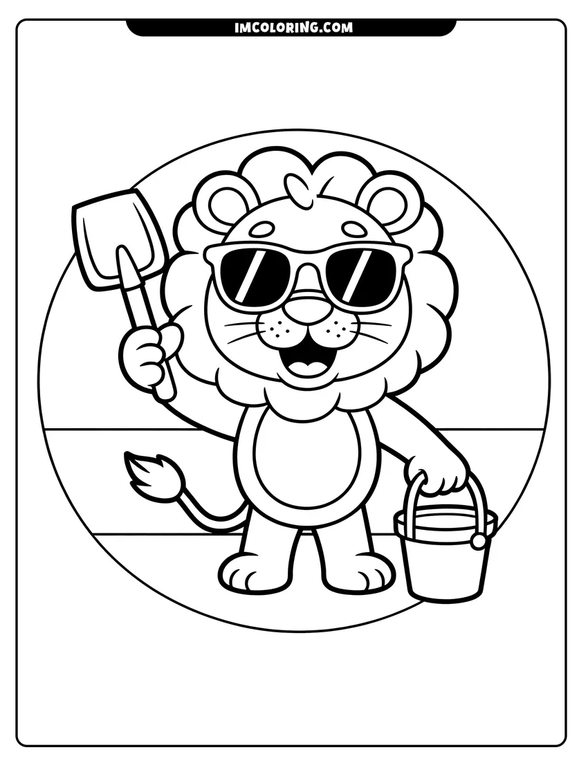 Free to print drawing of A smiling cartoon lion wearing sunglasses while holding a sand shovel and bucket at the beach