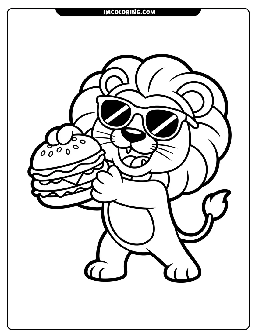 Printable line art of A cool cartoon lion wearing sunglasses and holding a large hamburger with both paws while smiling happily