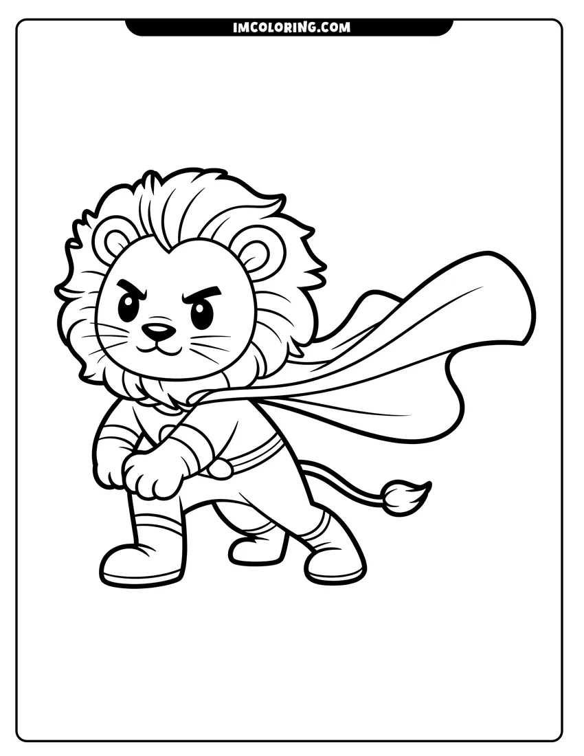 Free to print drawing of A brave cartoon lion wearing a superhero costume and a flowing cape in a heroic pose