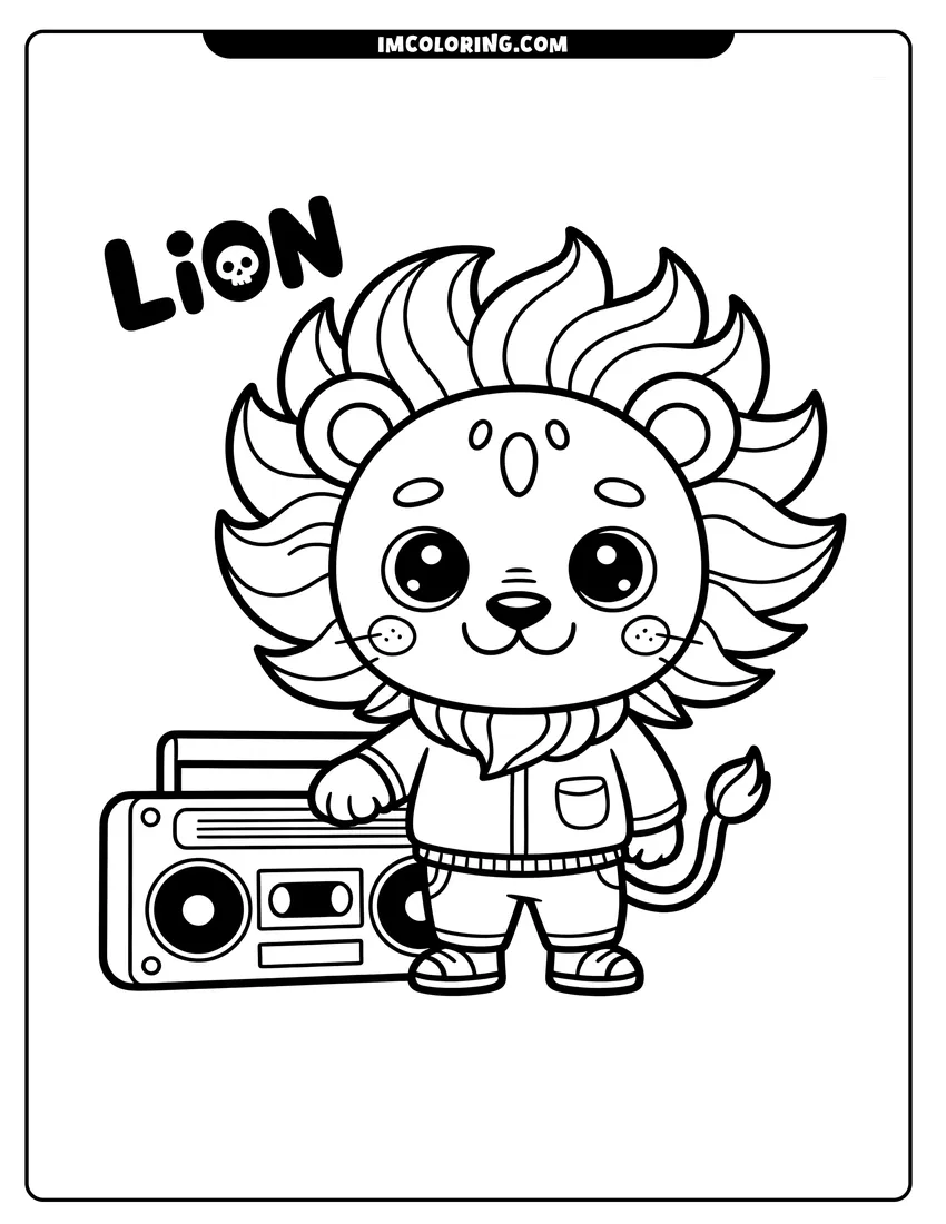 Black and white line art of A cute cartoon lion wearing a hoodie and sneakers stands next to a large vintage boombox radio