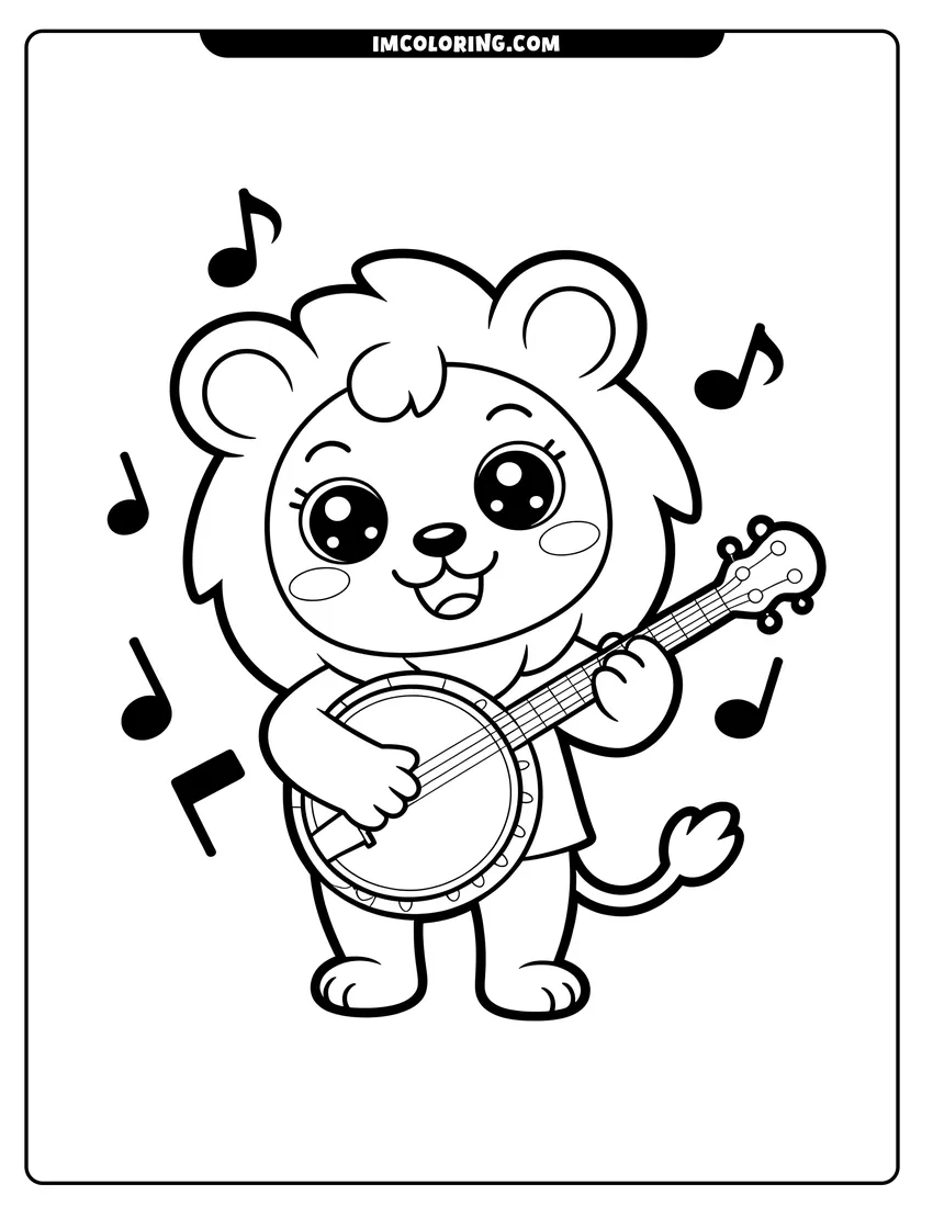 Black and white line art of A cute cartoon lion with big eyes playing a banjo surrounded by musical notes