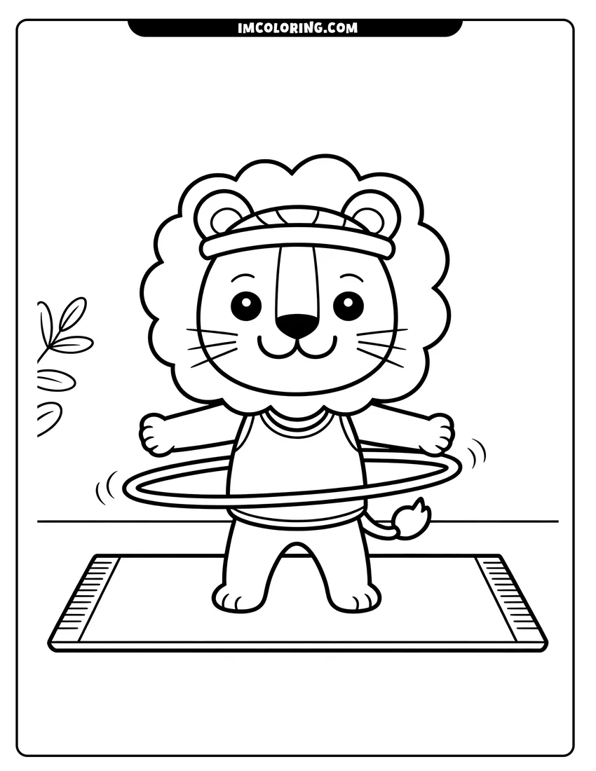 Coloring page of A cute cartoon lion wearing a headband and tank top while playing with a hula hoop