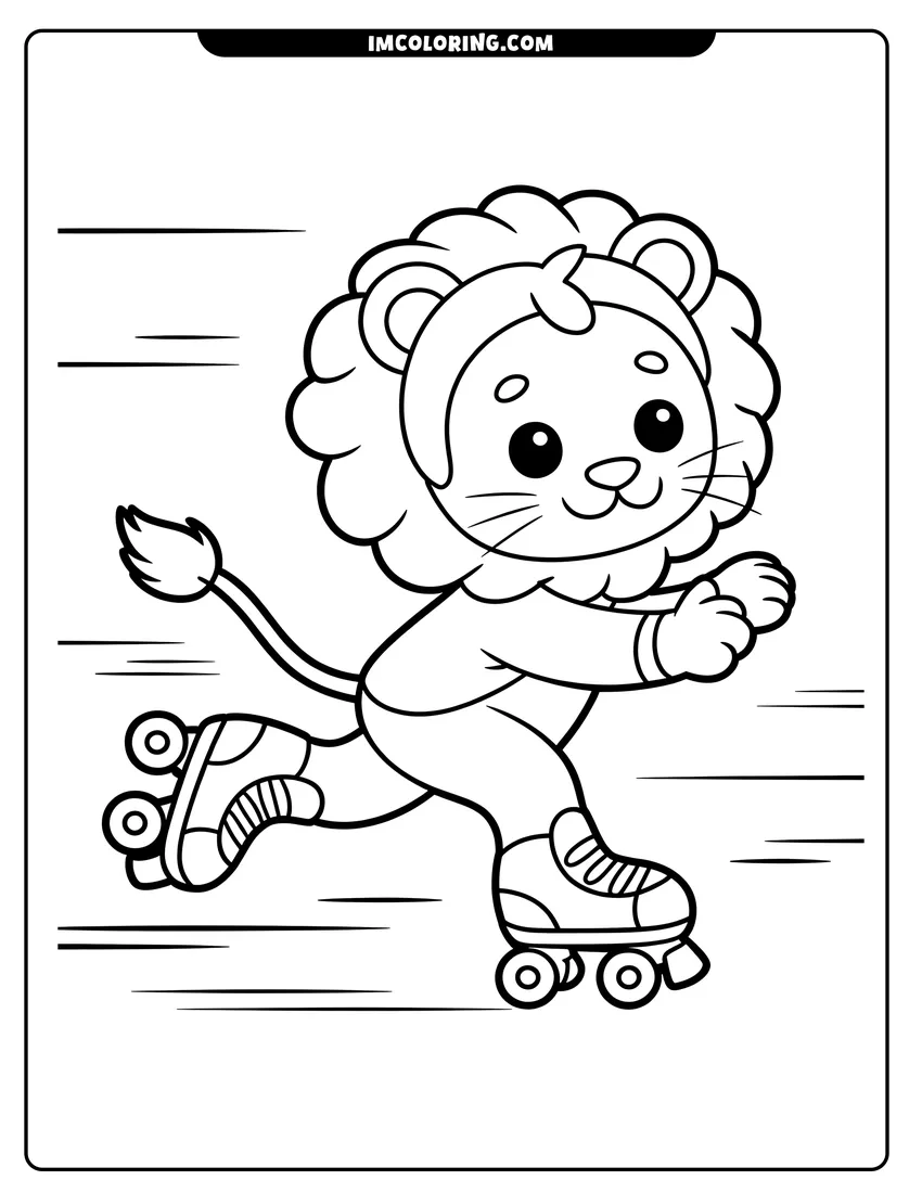 Free printable coloring sheet of A cute cartoon lion wearing roller skates and moving quickly with speed lines in the background