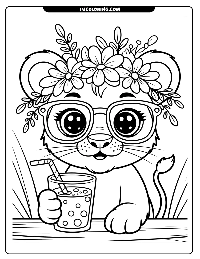 Free to print drawing of A cute baby lion wearing glasses and a flower crown holding a glass of juice with a straw