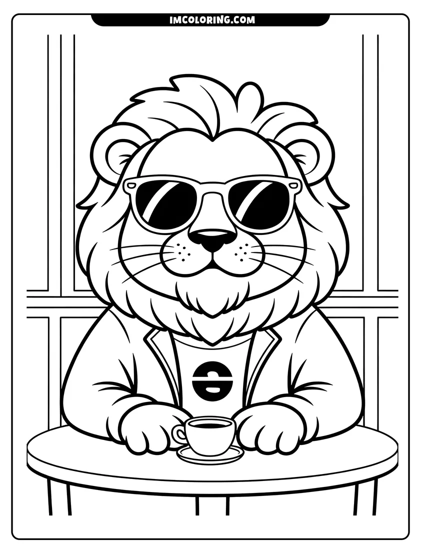 Printable coloring page of A cartoon lion wearing sunglasses and a jacket sitting at a cafe table with a cup of coffee