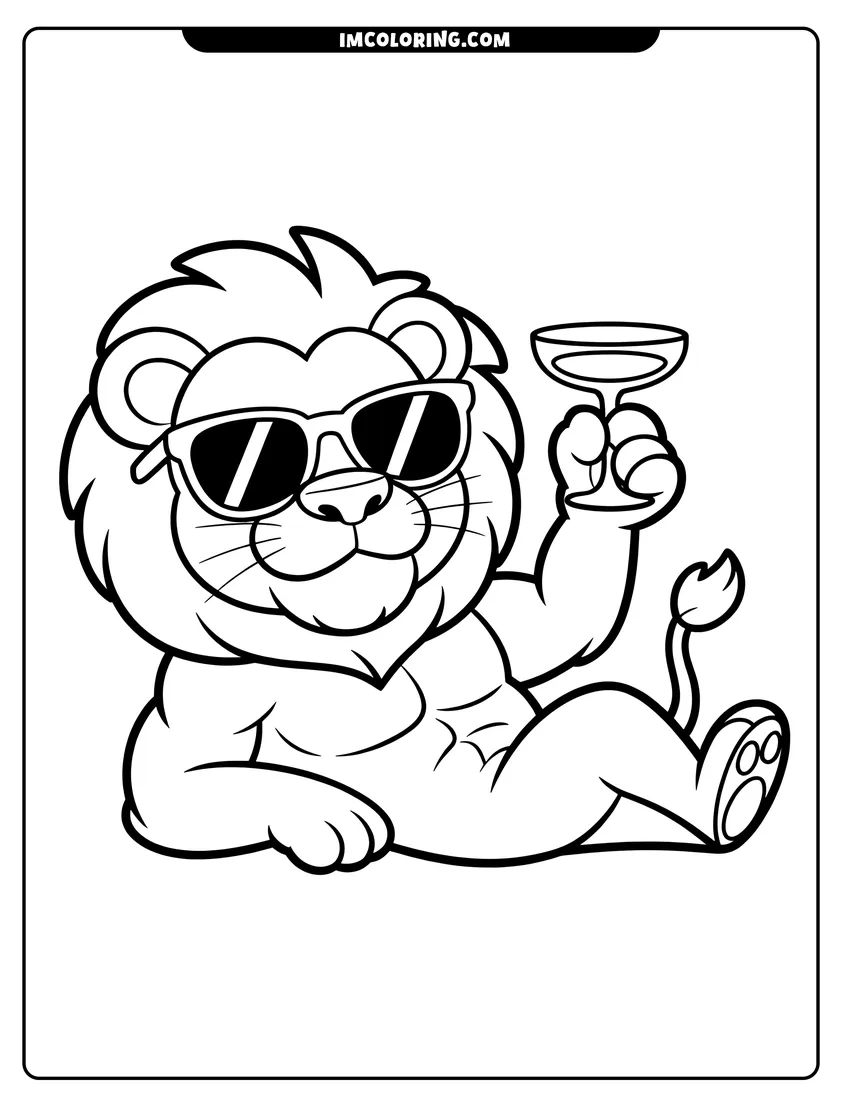 Vector style outline of A cartoon lion wearing sunglasses and holding a fancy glass while relaxing on the ground
