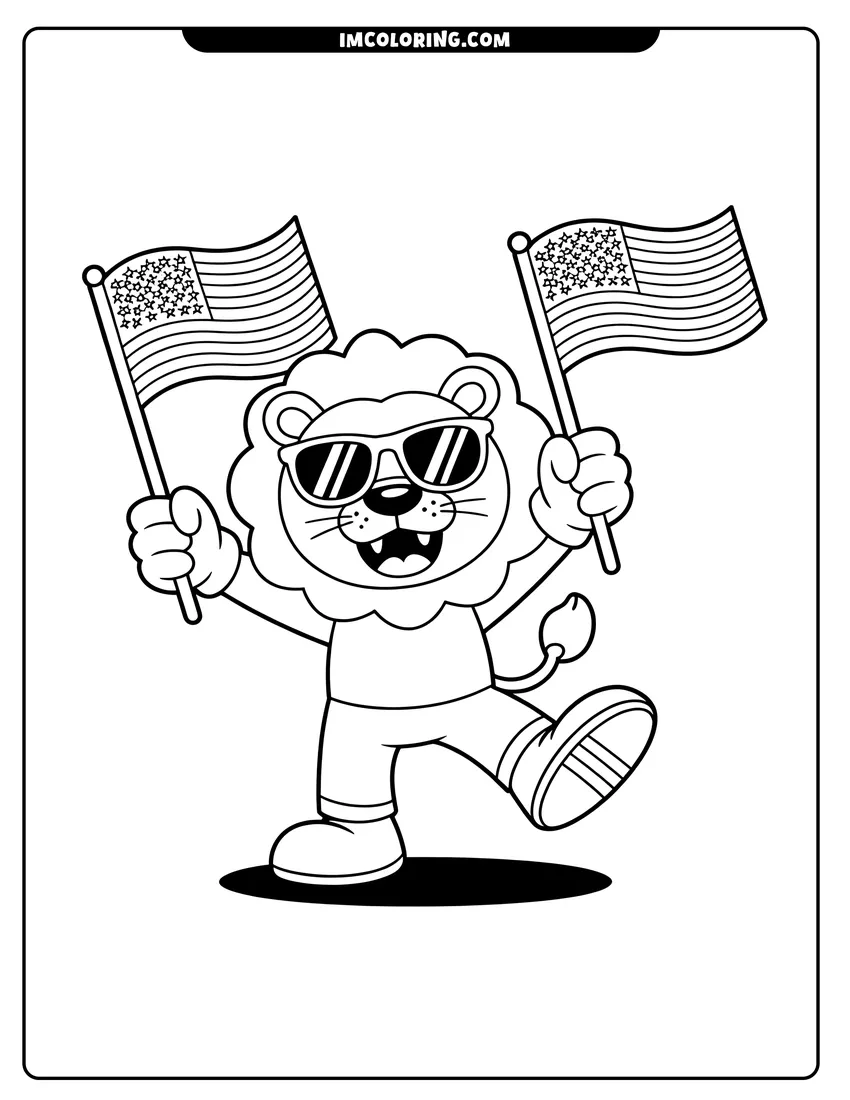 Coloring sheet featuring A cartoon lion wearing sunglasses and holding two American flags while standing in a cheerful pose