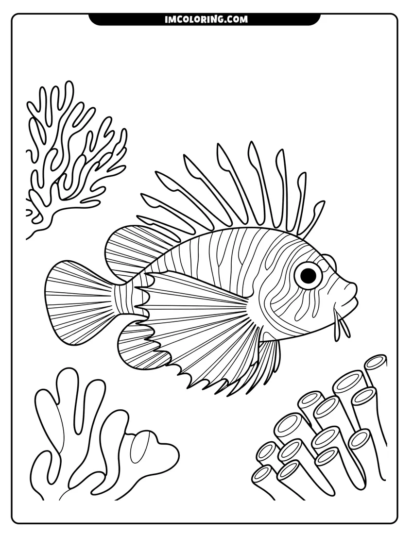 Printable coloring page of A detailed lionfish with long fins swimming past coral reefs and sea sponges in an underwater scene