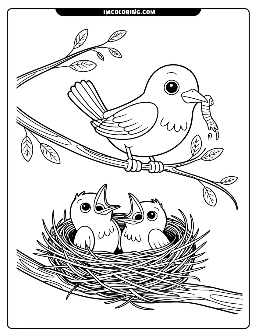 High quality printable A mother bird perched on a branch feeds a worm to two chicks in a straw nest for coloring