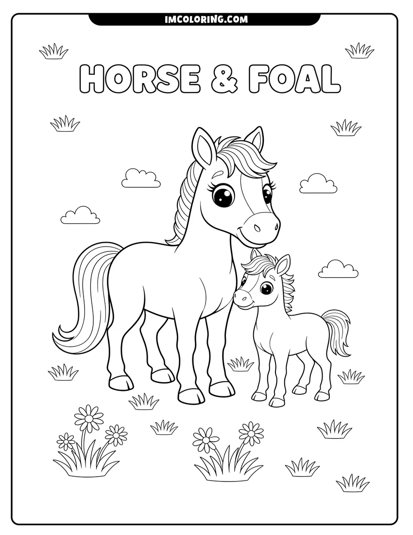 Printable line art of A cartoon mama horse and her small foal standing together in a field with flowers and clouds