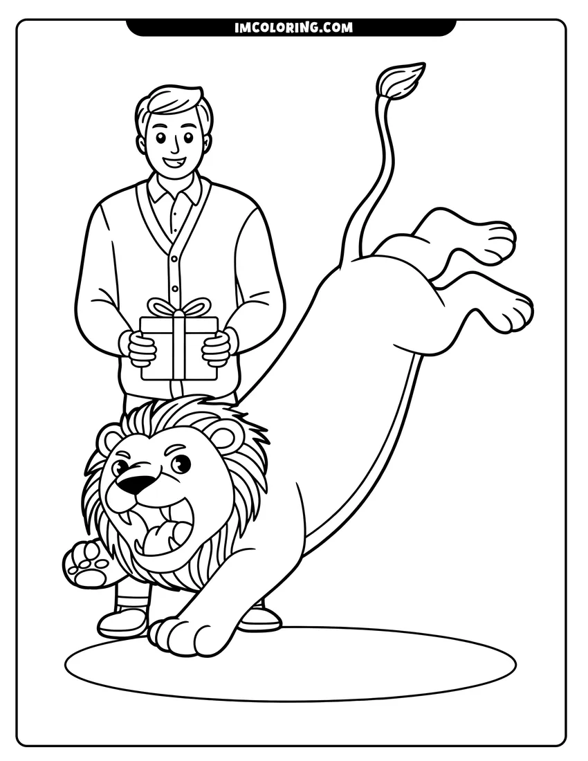 Doodle style coloring picture of A smiling man holding a wrapped gift standing behind a playful lion jumping through the air