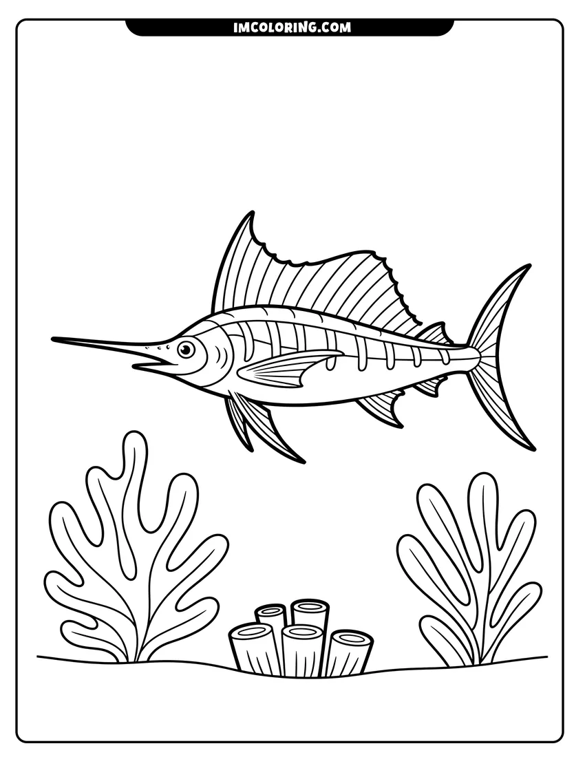 Free printable coloring sheet of A marlin with a long pointed bill swimming over ocean coral and sea plants in the water
