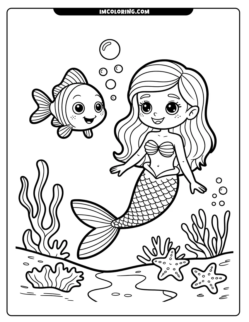 Coloring page of A cute cartoon mermaid and a happy fish swimming underwater near coral reefs and starfish with bubbles