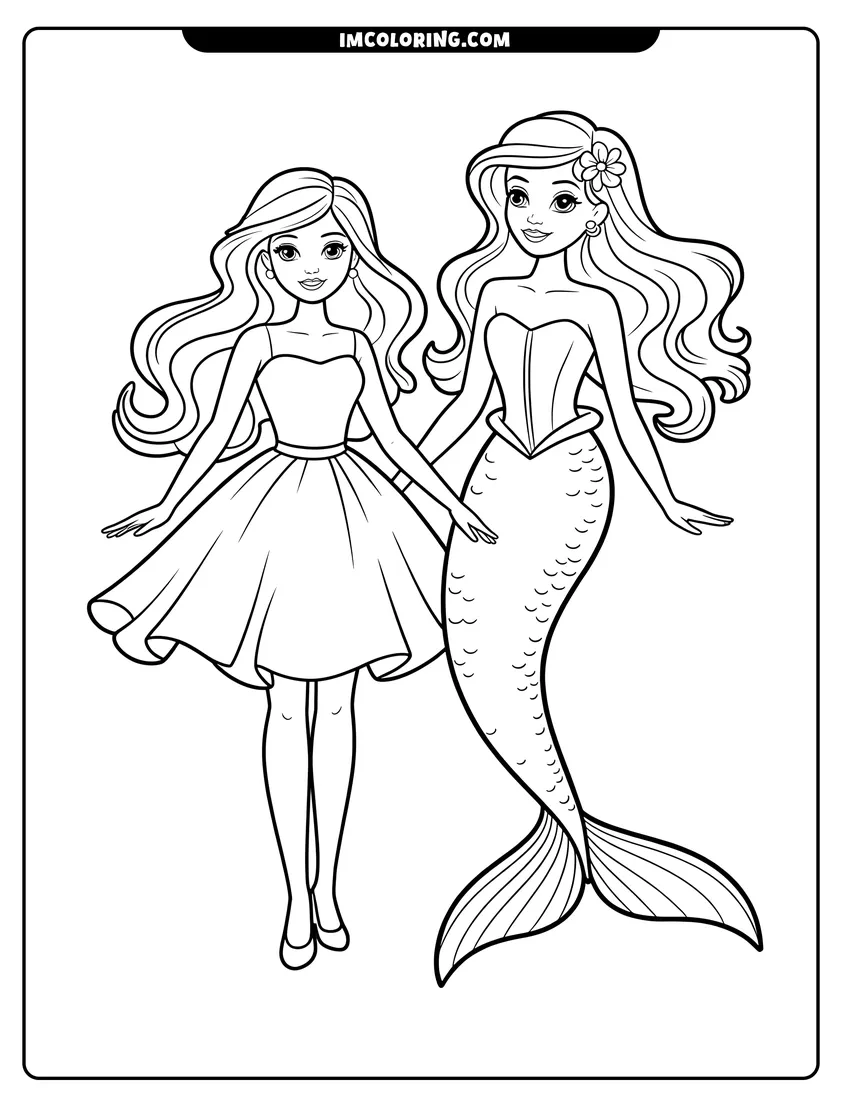 Black and white line art of A mermaid with a floral hair clip standing next to a young woman wearing a short dress