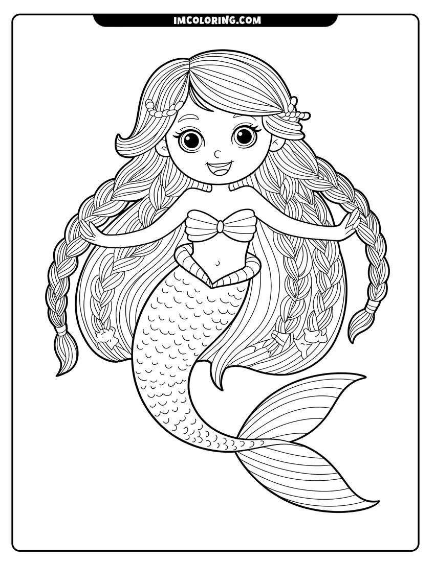 Printable line art of A cute mermaid with very long braided hair and big eyes smiling while floating in the water