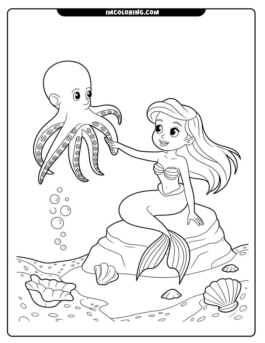 Doodle style coloring picture of A smiling mermaid sitting on an underwater rock reaching out to a friendly octopus with bubbles and shells