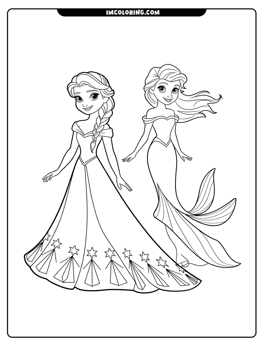 Coloring page for kids: A royal princess in a dress and a mermaid friend standing side by side with happy smiles