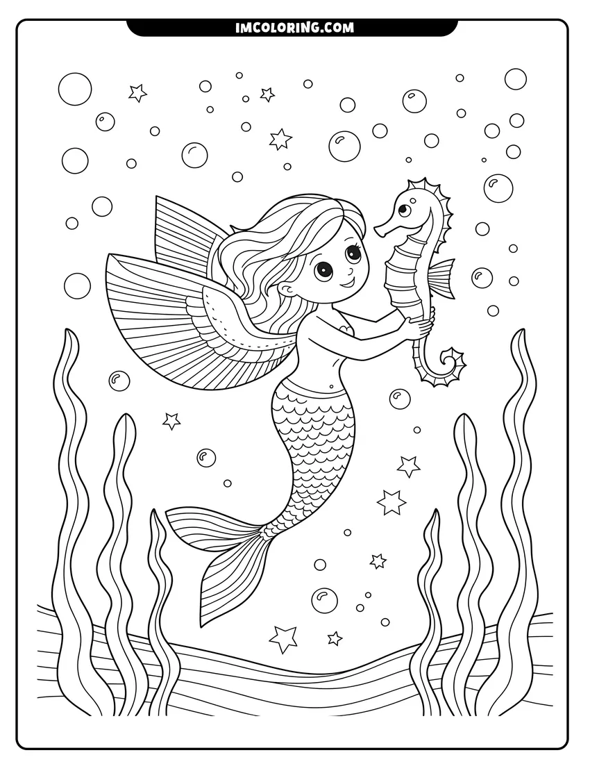 Printable coloring page of A cartoon mermaid with large fins holding a seahorse underwater surrounded by seaweed, bubbles, and stars