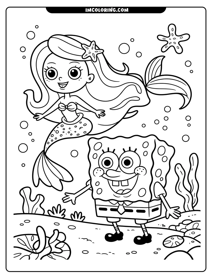 Printable line art of A cartoon mermaid with a starfish in her hair swims next to Spongebob Squarepants on the ocean floor