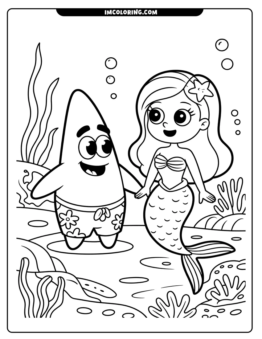 High quality printable A cartoon mermaid and Patrick Star holding hands and smiling in an underwater setting with coral and bubbles for coloring