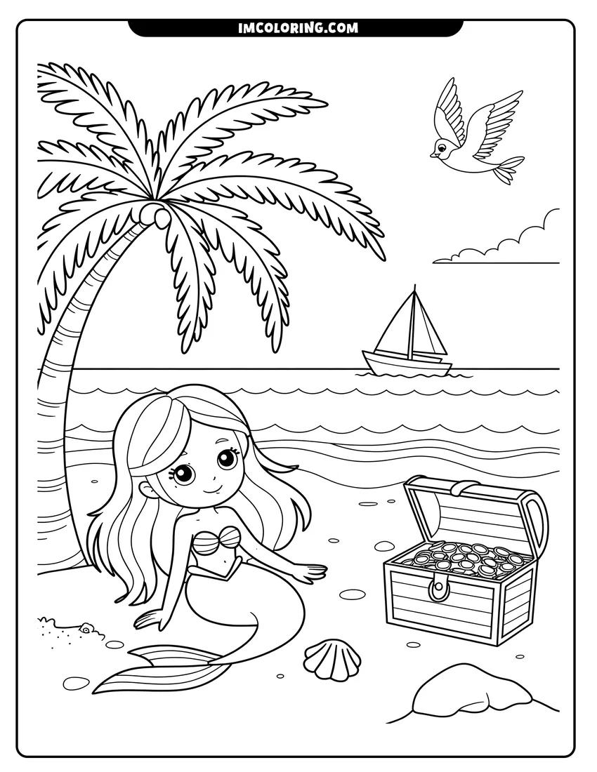 Free to print drawing of A cute mermaid sitting on a beach next to an open treasure chest under a palm tree