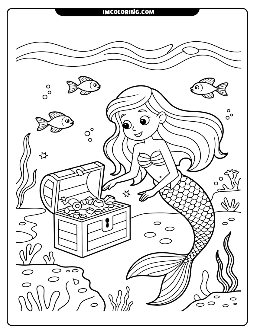 Printable line art of A cute mermaid with long hair opening an old treasure chest filled with gems under the sea