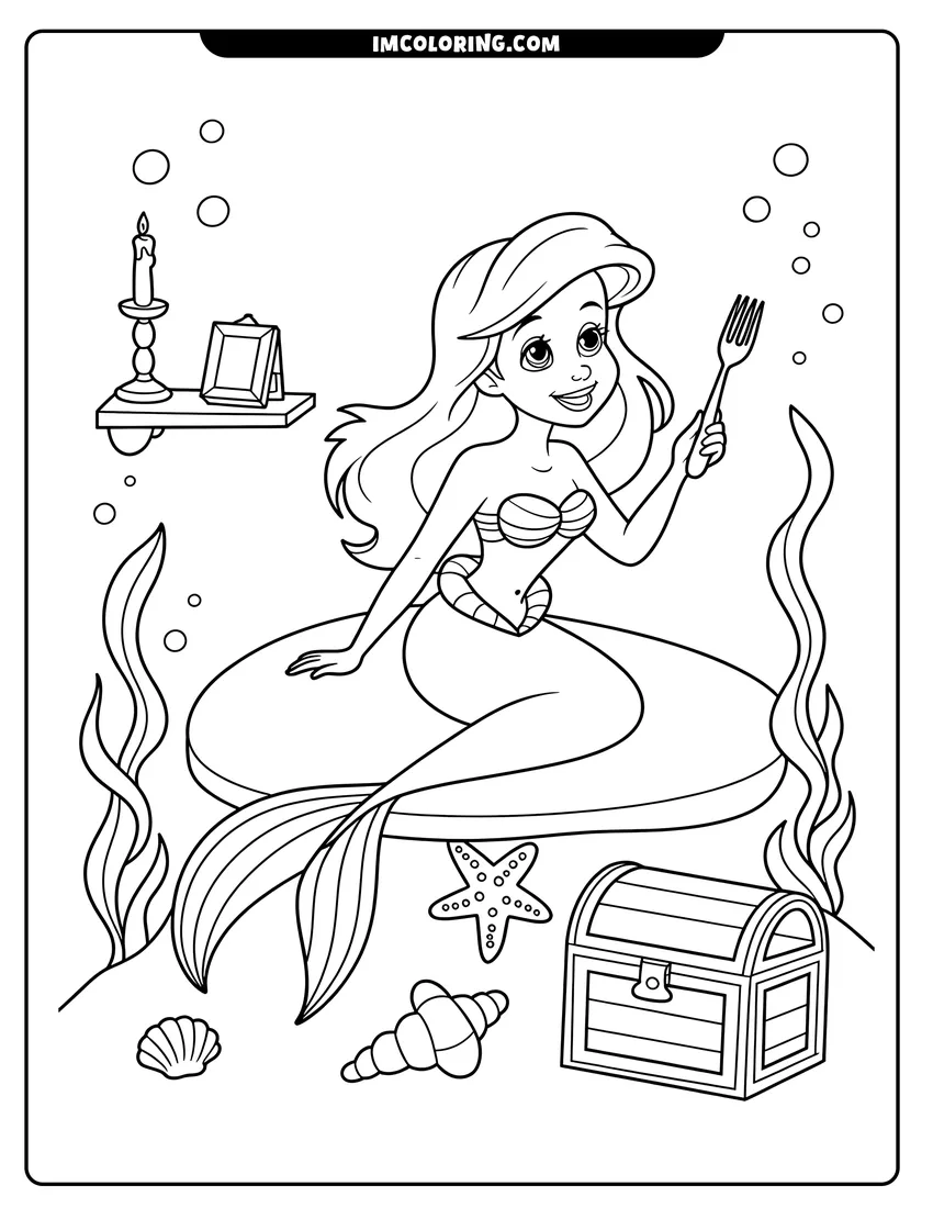 Black and white line art of A mermaid sitting on a rock holding a fork next to a treasure chest and starfish underwater
