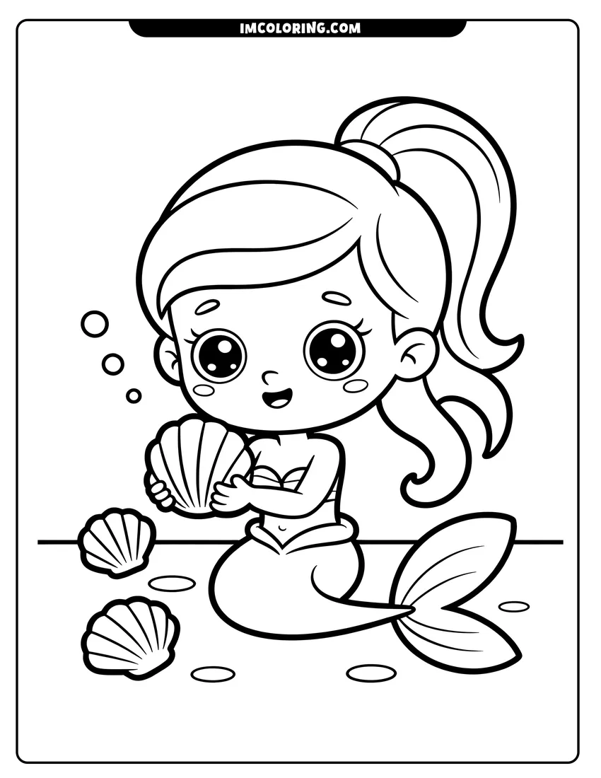 Vector style outline of A cute chibi mermaid with a ponytail sits on the ocean floor holding a large seashell near bubbles