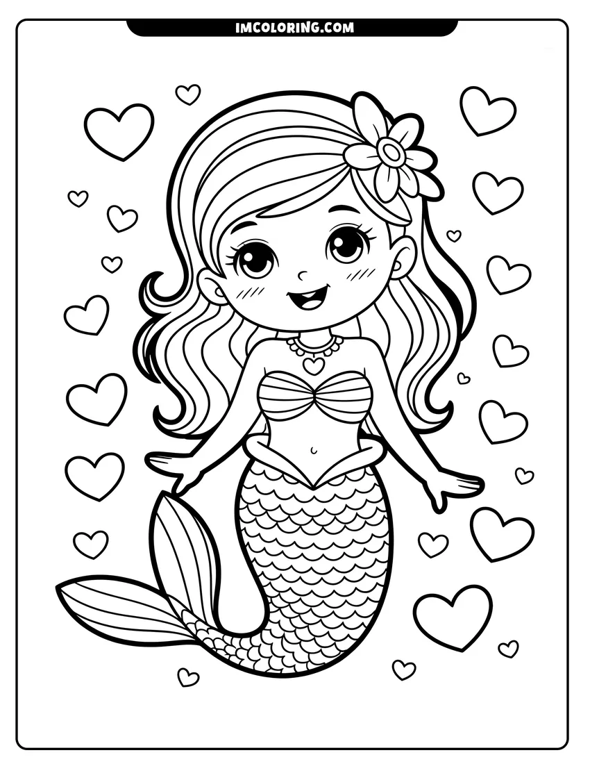 Linear illustration of A cute chibi mermaid with a flower in her hair smiling while surrounded by many floating hearts