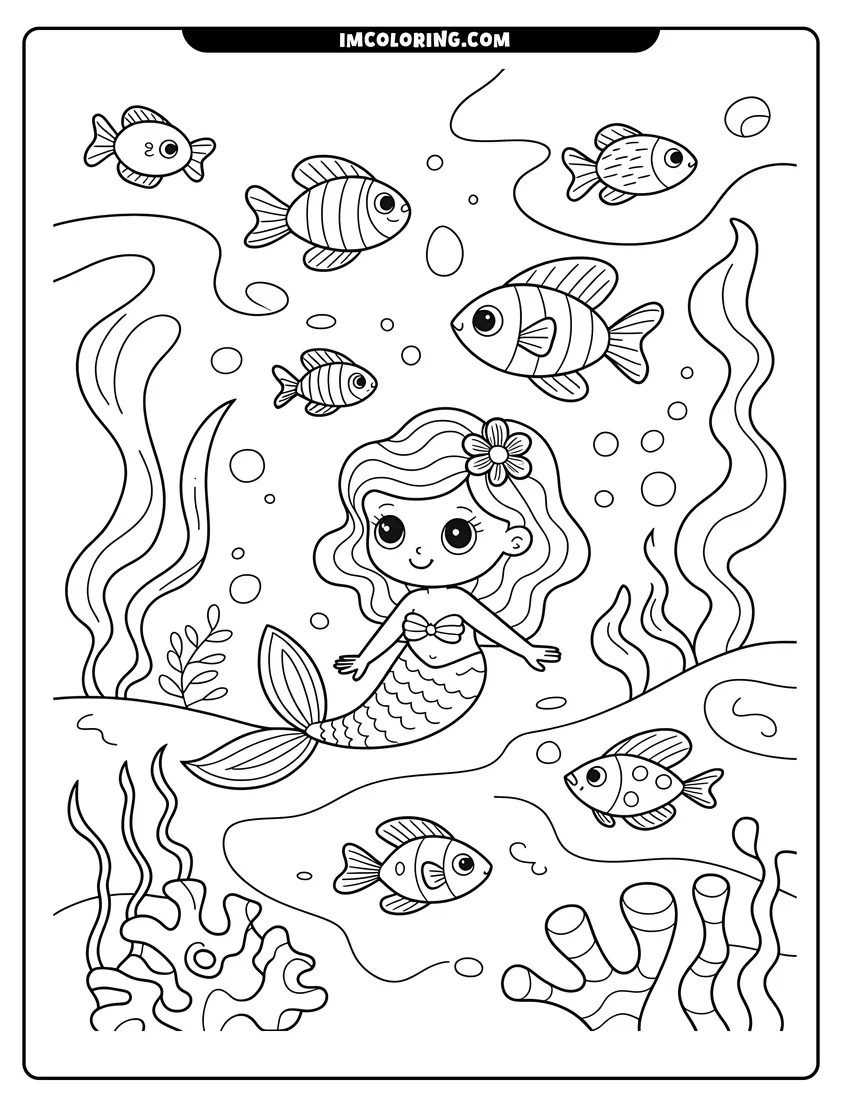 Simple sketch of A cute cartoon mermaid swimming underwater surrounded by many small fish, coral, and tall sea plants to color
