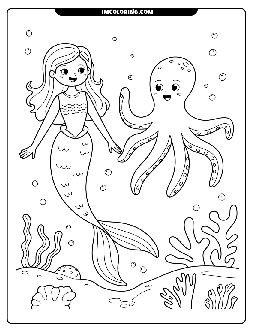 Linear illustration of A cheerful mermaid with long hair swims next to a happy octopus near coral on the seabed