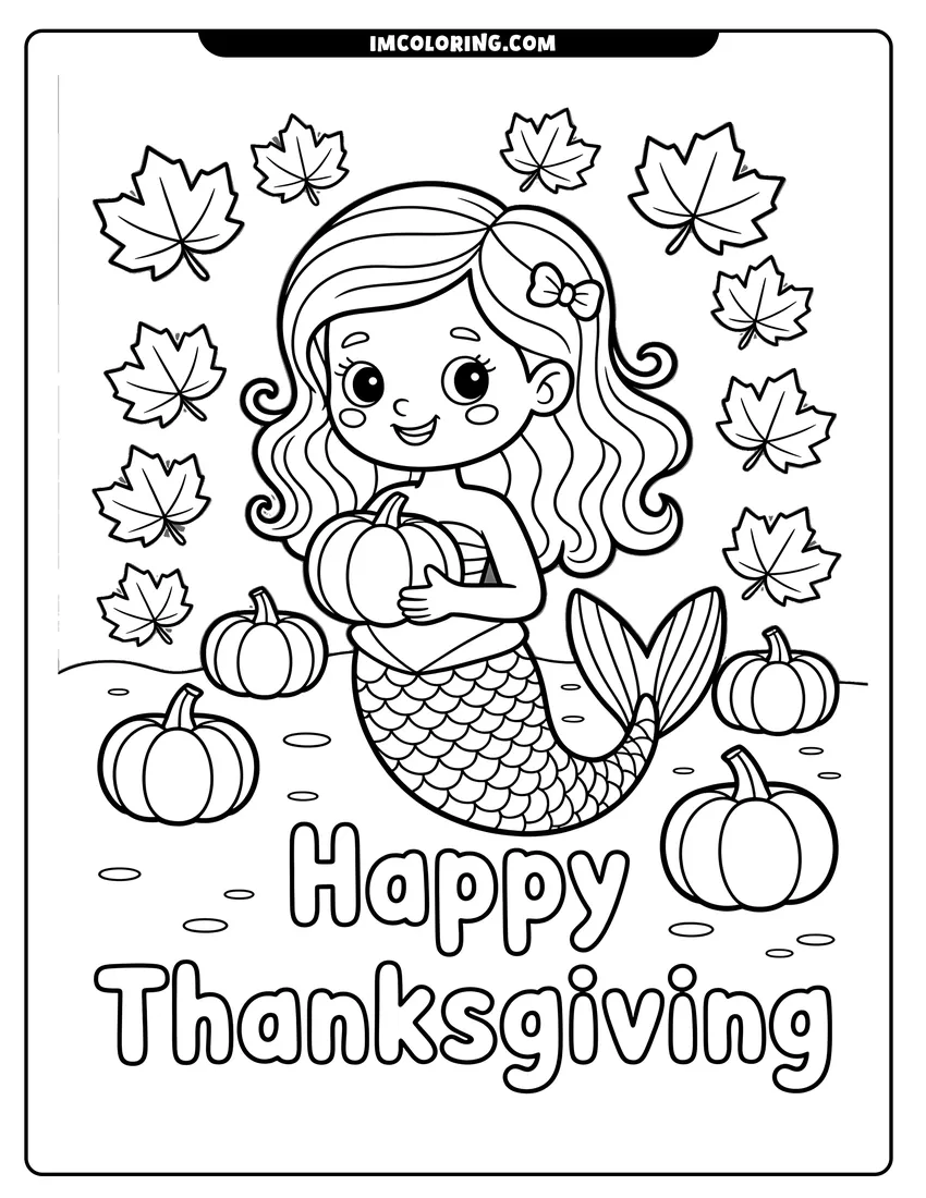 Coloring page of A cute mermaid holding a pumpkin surrounded by fall leaves and pumpkins with Happy Thanksgiving text below