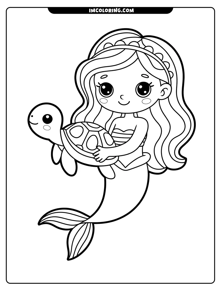 PDF style coloring page: A cute chibi mermaid with long hair holding a small sea turtle in her arms underwater