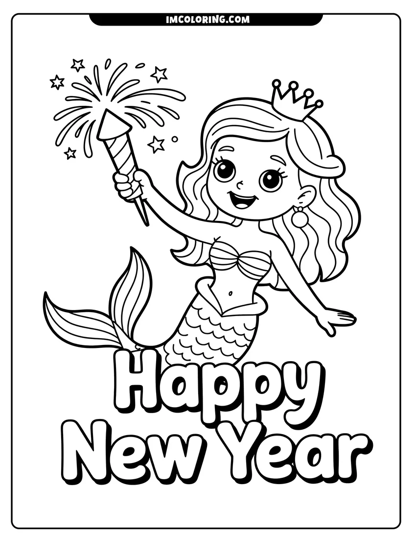 Coloring sheet featuring A happy mermaid princess wearing a crown holds a sparkling firework rocket under Happy New Year text