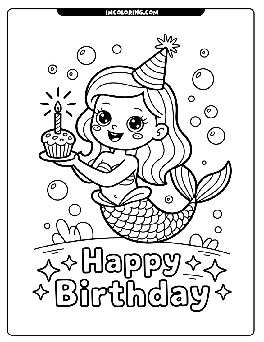 Coloring sheet featuring A cute mermaid wearing a party hat holds a birthday cupcake with a candle under the ocean