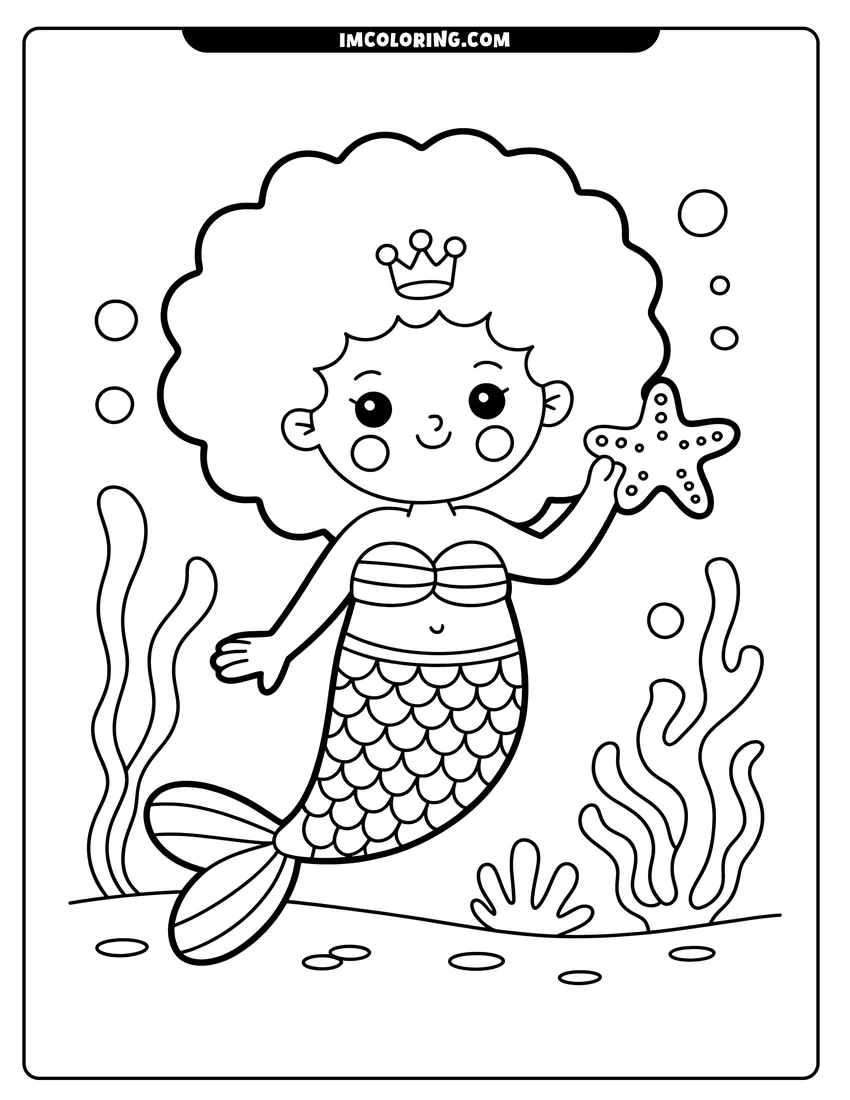 Coloring sheet featuring A cute mermaid with a crown and curly hair holding a starfish while swimming underwater with seaweed