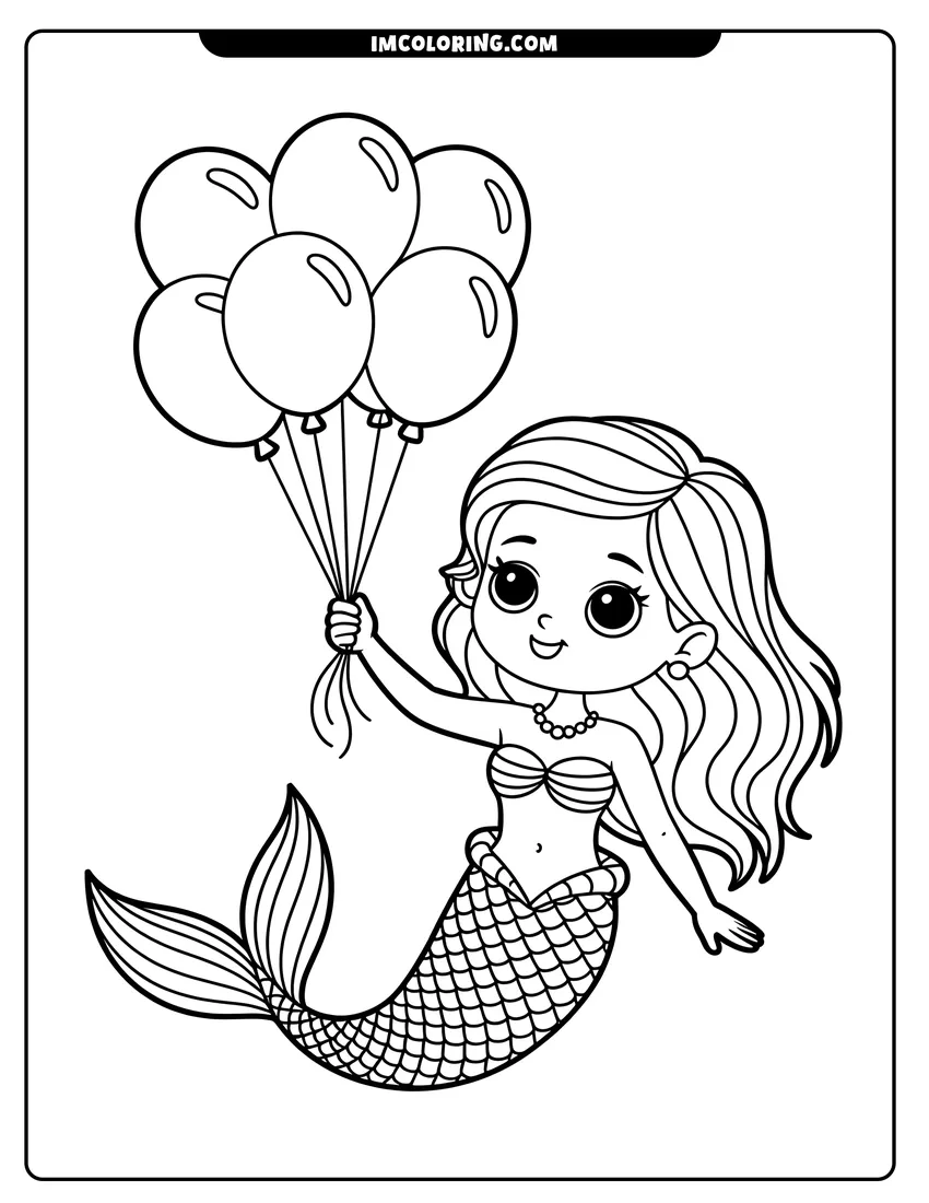 Vector style outline of Chibi mermaid with long flowing hair holding a cluster of five balloons in her hand