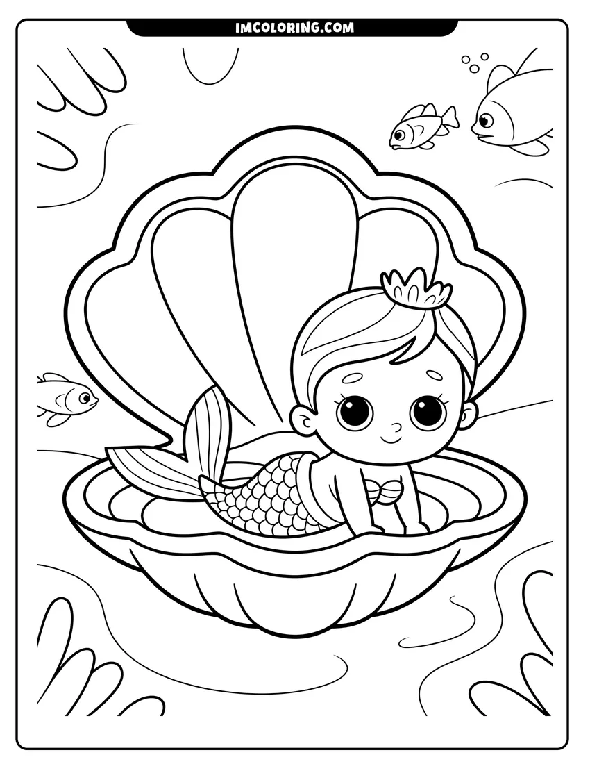 Printable coloring page of A cute baby mermaid with a crown sitting inside a large open seashell surrounded by small fish