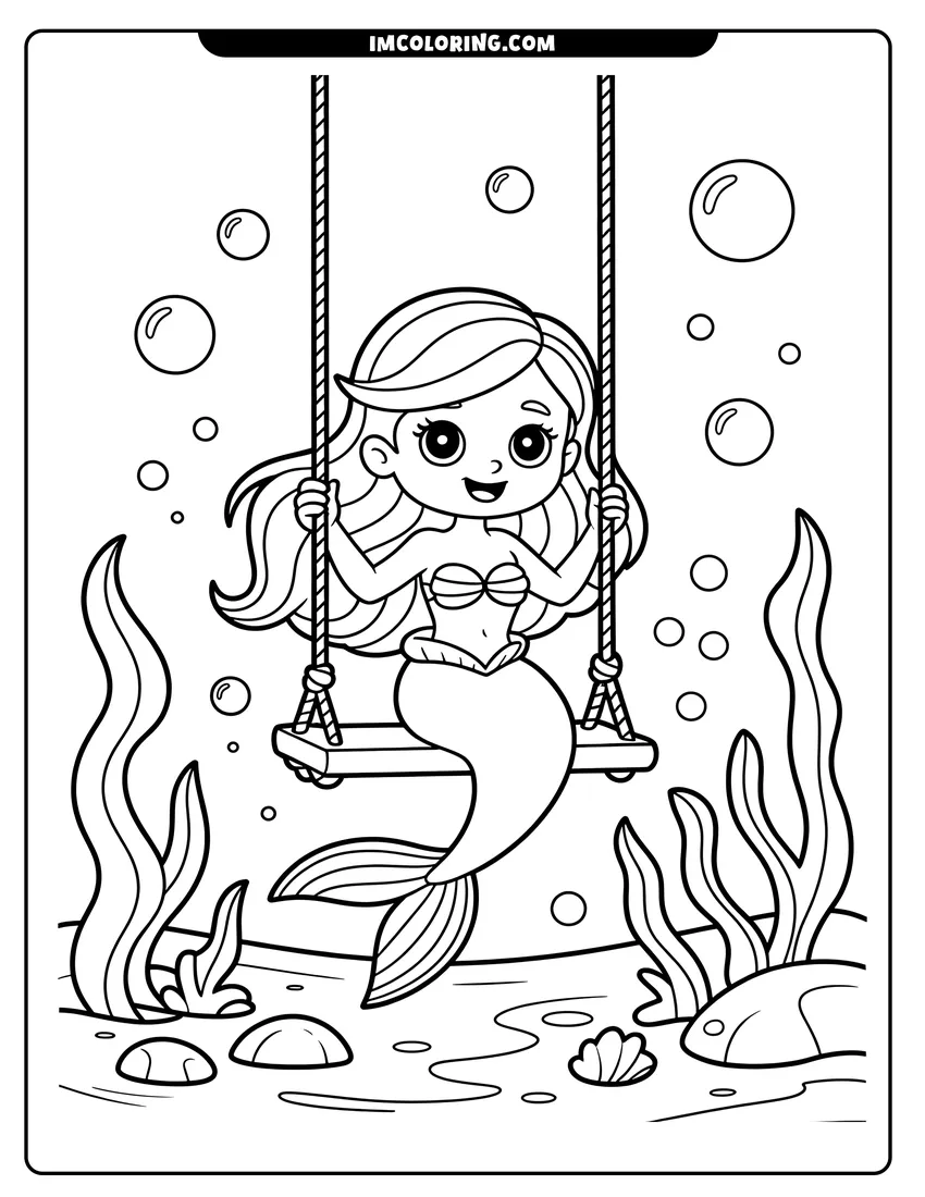 Downloadable coloring page of A cute chibi mermaid with long hair smiling while sitting on a swing surrounded by underwater bubbles